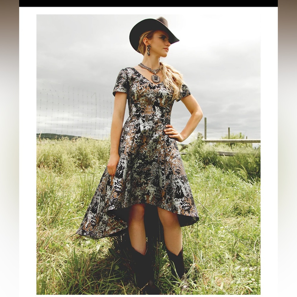 Black and gold evening or cocktail dress.